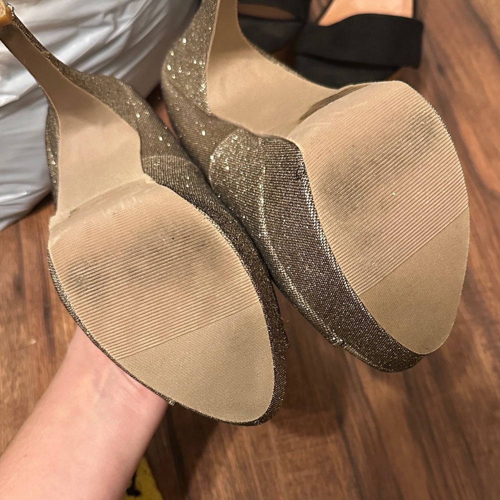 Charlotte Russe Gold Glitter Peep Toe Stiletto Heels - Picture 3 of 7
